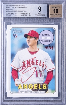 2018 Topps Heritage Real One #SO Shohei Ohtani, Red Ink Signed Card (#42/69) - BGS MINT 9/BGS 10